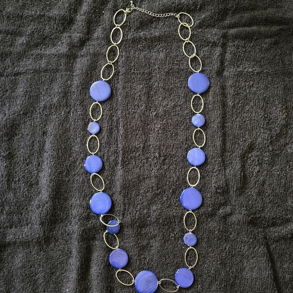 Long Blue Disc Beaded Necklace - Silver Tone Chain - Picture 1 of 4